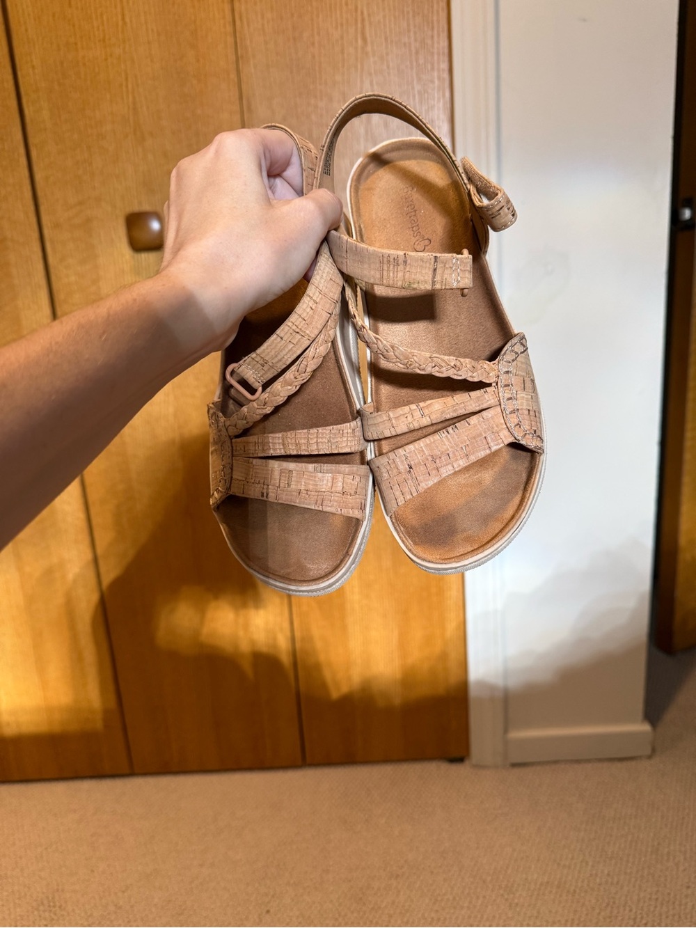 Neutral Cork-Texture Strappy Sandals - Beige Tan